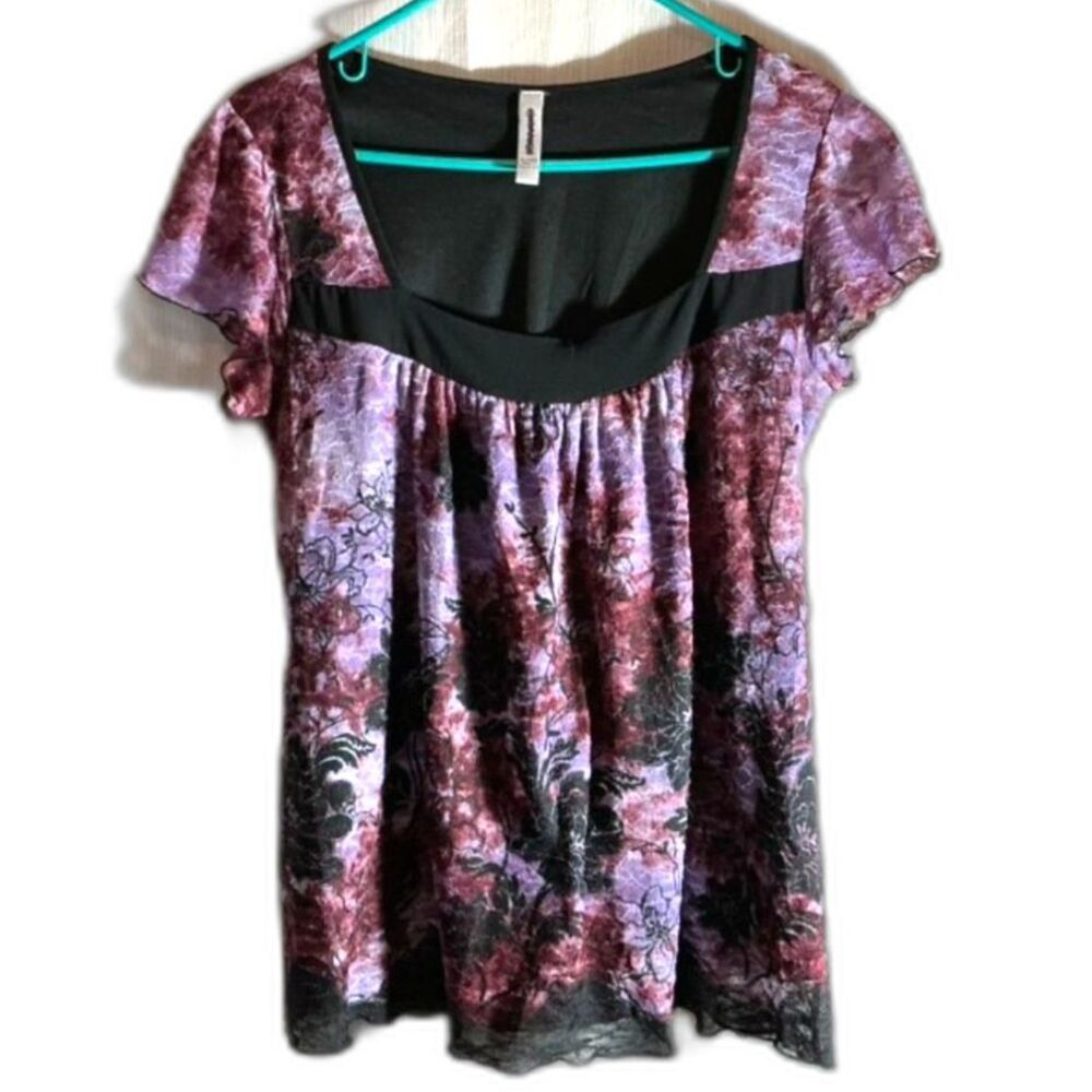 Gitano XL Purple Black Floral Mesh Blouse Women's Short Sleeve Stretch Top